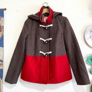 Old Navy Women M‎ Hooded Toggle Coat zip brown Red Wool Blend boho color block
